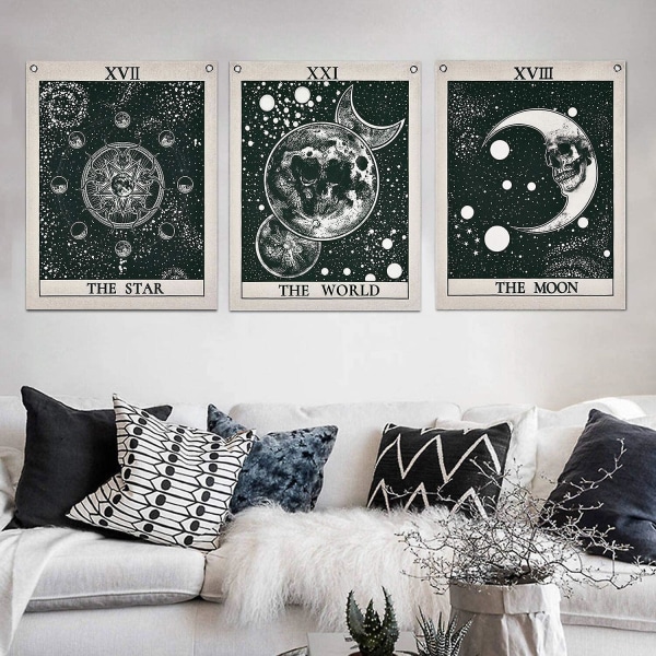 Paket med 3 Tarottapet, Stjärnan Månen Världens Tarotkort Gobeläng Mystisk Medeltida Europa Spådomsväv med rostskyddade hylsor, söm