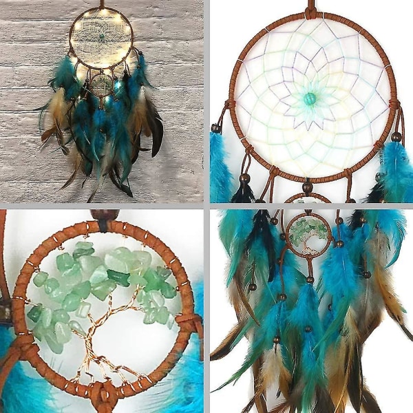 Dream Catcher Blue Tree of Life With Feather, Mobile Led Fairy Lights Håndlavede indianere Traditionelt cirkulært net kompatibelt med væghængende dekoration, B