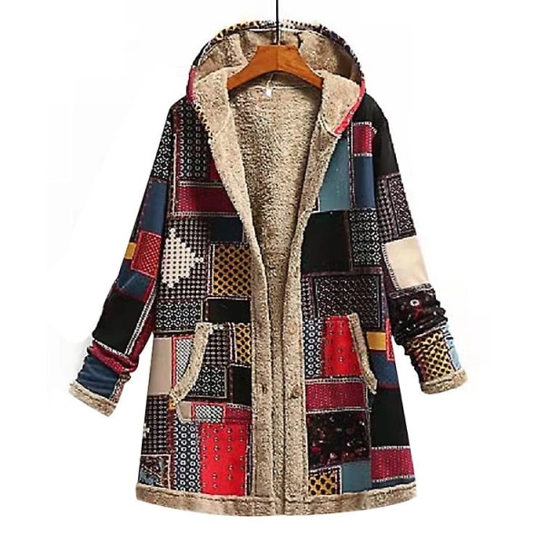 Winter retro women's warm print thickened hooded jacket red 2XL