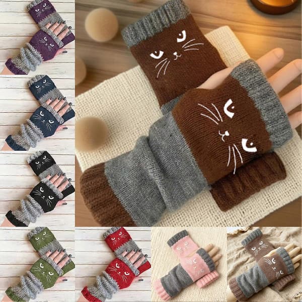 【BQ】Kat Splejsning Strikkede Handsker Strikkede Fingerløse Handsker Touch Screen Vinter Varme Patchwork Broderede Handsker Black