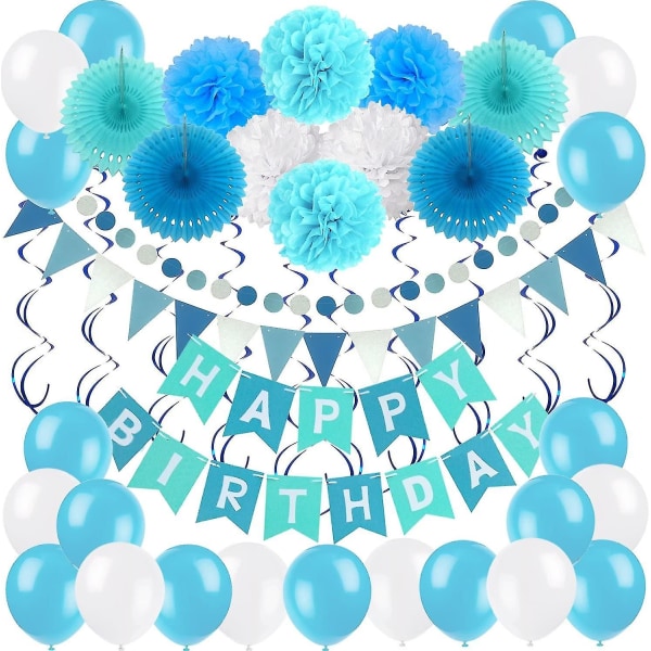 Set, Grattis på födelsedagen Bannerbunting med 4 pappersfläktar Tissue 6 papper Pom Poms Blommor 10 hängande virvlar och 20 ballonger för Birthda Blue
