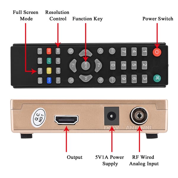 Analog TV-mottakeradapter med fjernkontroll - RF til HDMI-konverterer (100-240V, VDE)