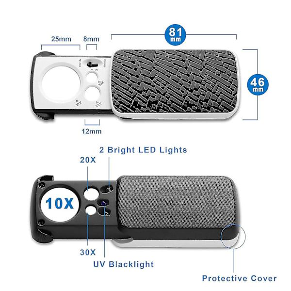 Bærbar lupforstørrelse 30x60x90x Forstørrelse Med Led Og Uv Lys