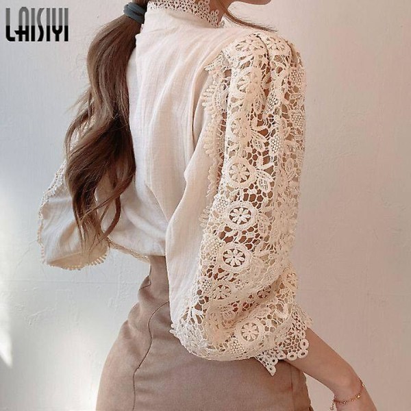 Naisten Paidat Vintage Solid White Pitsipusero Naisten Korean Button Löysä Paita Topit Ontot Kevät Casual Naisten Puserot Apricot L