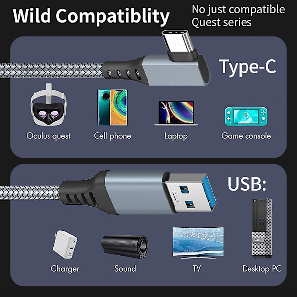 Linkkikaapeli Oculus Quest 2:lle, nopea lataus ja PC-tiedonsiirto USB C 3.2 Gen1 5gbps Pd Transfer latauskaapeli Vr-kuulokkeiden linkkikaapeli Grey 5M