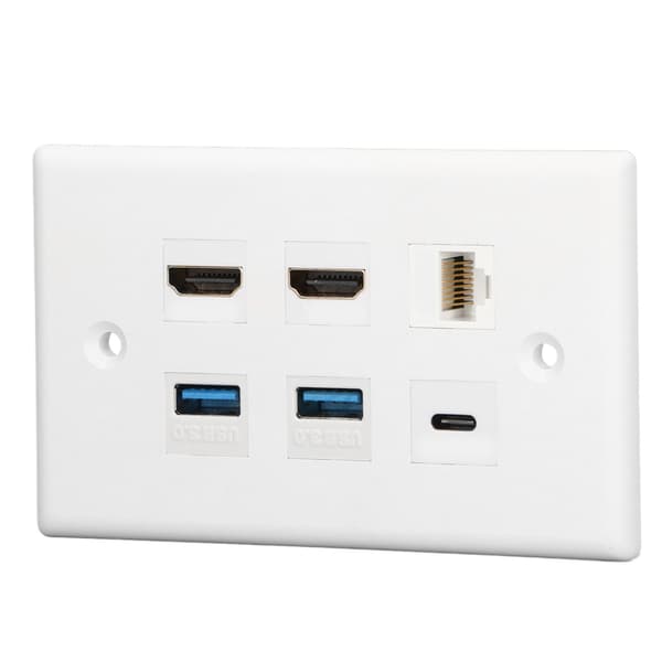 Multimediaväggplatta med 6 portar - 2xHD, 2xUSB3.0, 1xTyp C, 1xCat6 Ethernet