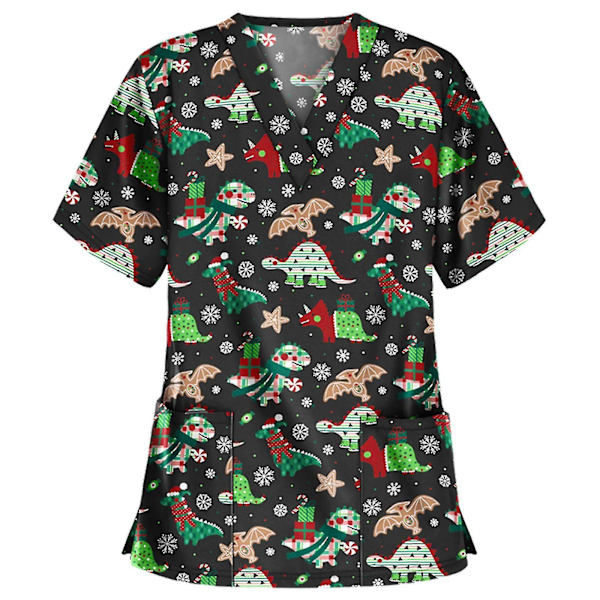 Jul sjuksköterska Uniform Kvinnor V-hals Print T-shirt Casual Kortärmad Pocket Toppar 3 XXL