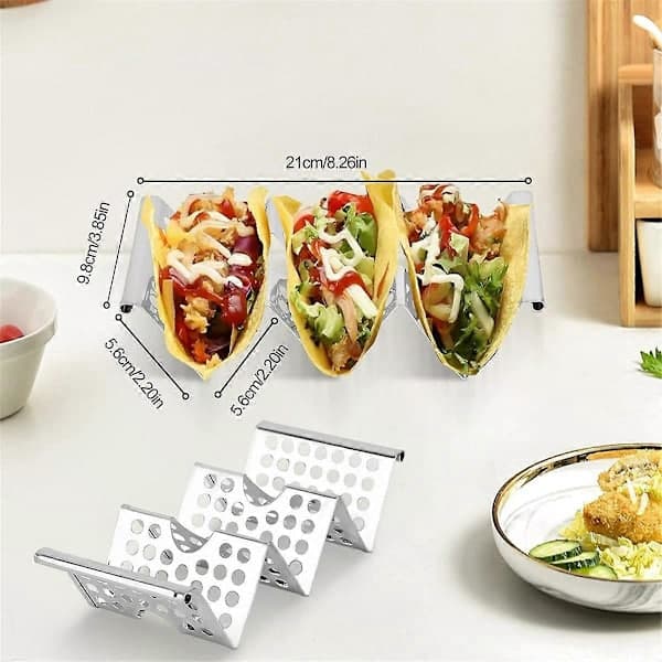【BQ】Taco-stativ, 4-pak rustfrit stålstativ med håndtag, taco-bakke rummer op til 3 tacos, taco-stativ