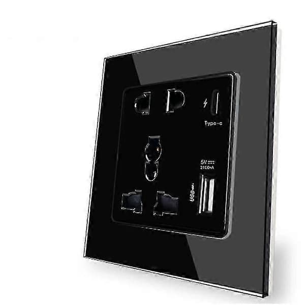 Strøm 2100ma USB-stik Krystalglaspanel 13a Stikkontakt med Type C-interface - WK Black 1PC