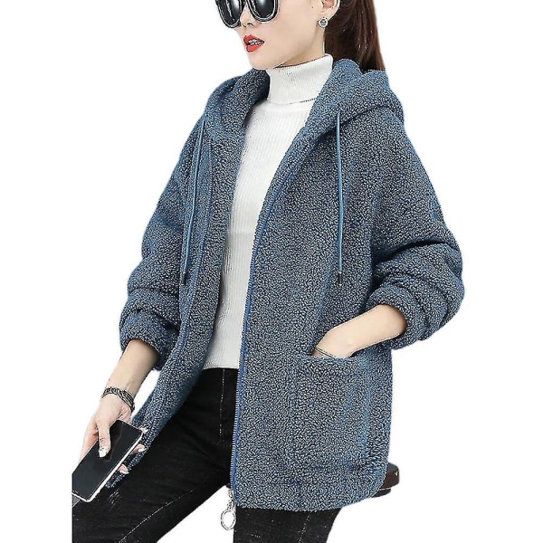 Hhcx-women&#39;s Teddy Bear Zip Up Coat Fluffy Jacket Winter Warm Hoodie Outwear Blue M