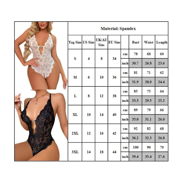 Sexiga spetsunderkläder för damer utan gren Bodysuit med djup v-ringad nattkläder-storlek 2XL