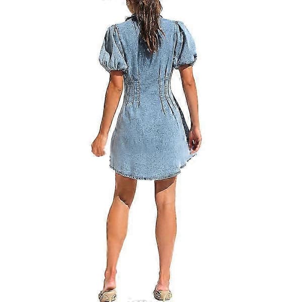 【BQ】Slim-Fit Denimkjoler til kvinder med pufærmer XL