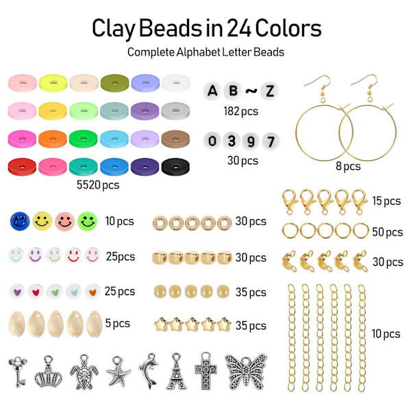 Lerperler 24 farver 6 mm runde lerafstandsperler Heishi lerperler til smykkefremstilling DIY smykkefremstillingssæt