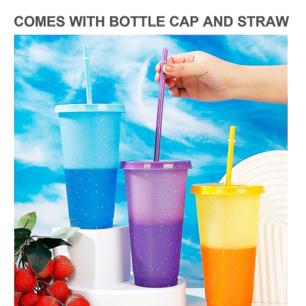 7 färgskiftande koppar med lock och sugrör Återanvändbara plasttumlare med lock och sugrör