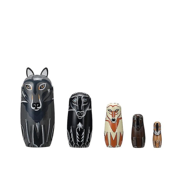 Handritade Wolf Matryoshka dockor Ryska häckande dockor i trä stapling dockor set med 5