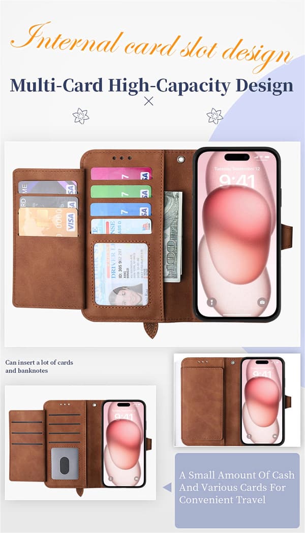【BQ】Velegnet til iPhone-etui - Flip-etui i læder med prægede kortpladser, brun til iPhone 14 Plus Brow Brown iPhone 14 Plus
