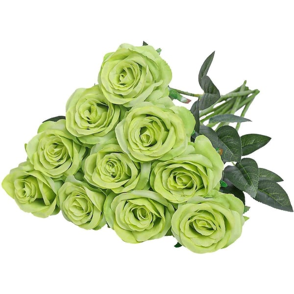Kunstige silke rosenblomster Enkelt stilk realistisk falsk rose til bryllup buket blomst, 10 stk (blå) grøn green