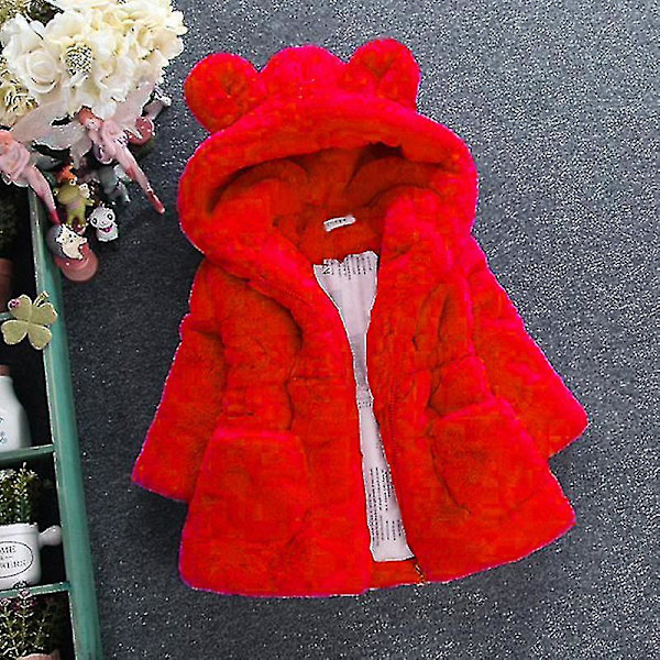 Hhcx-kid pige Fluffy imiteret pels hættefrakke fleecejakke Vinter varmt outwear Red 4-5 Years