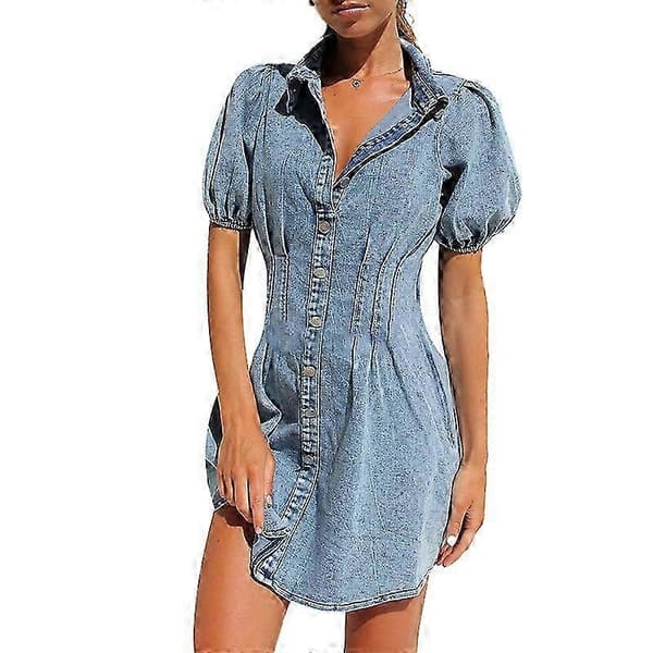 【BQ】Slim-Fit Denimkjoler til kvinder med pufærmer M
