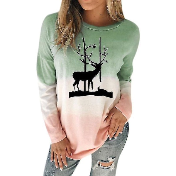 Hhcx-christmas Reindeer Women Xmas T-shirt Blouse Colourblock Jumper Top Green 4XL