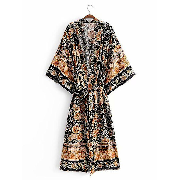 Cotton Vintage Kimono Autumn Slim Beach Cover-up Khaki L