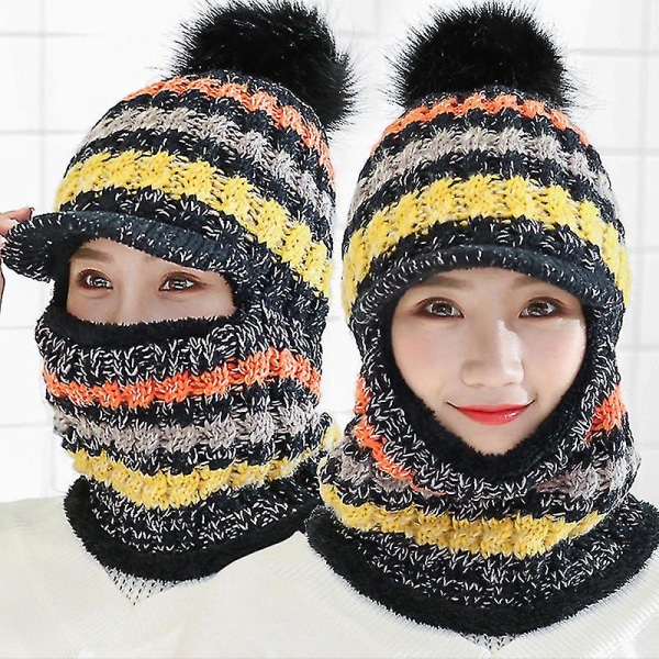 Dam Wooly Tjock Winter Stickad Hat Scarf Set Stickad Woolen Cap Black