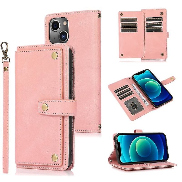Iphone 13 Pu + Tpu:lle vaakasuora kääntyvä case , jossa pidike, korttipaikka ja lompakko ja kaulanauha (vaaleanpunainen)