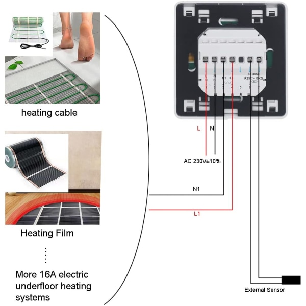 Den nya 16A programmerbar elektrisk golvvärmetermostat med sensor, digital rumstermostat golvvärmeregulator LCD pekskärm