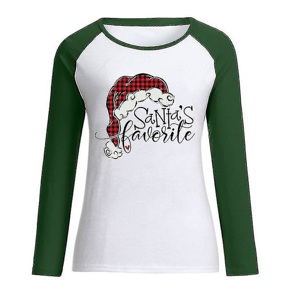 Hhcx-women Christmas Santa Print T-shirt Blouse Basic Top Tee Shirt Green M