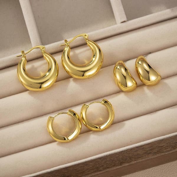 Sæt med tykke guldfarvede ringe til damer - Snoede Huggie Rings øreringe i rustfrit stål silver