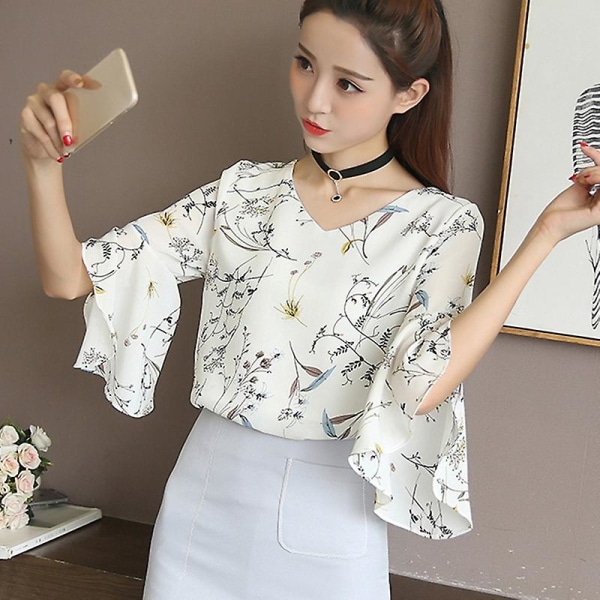Kvinder Blomsterskjorte Lille V-hals Kvindebluser Koreansk Sød Blomster Flæsede Sommerfugleærmer Chiffon Toppe XL Blå XL Blue