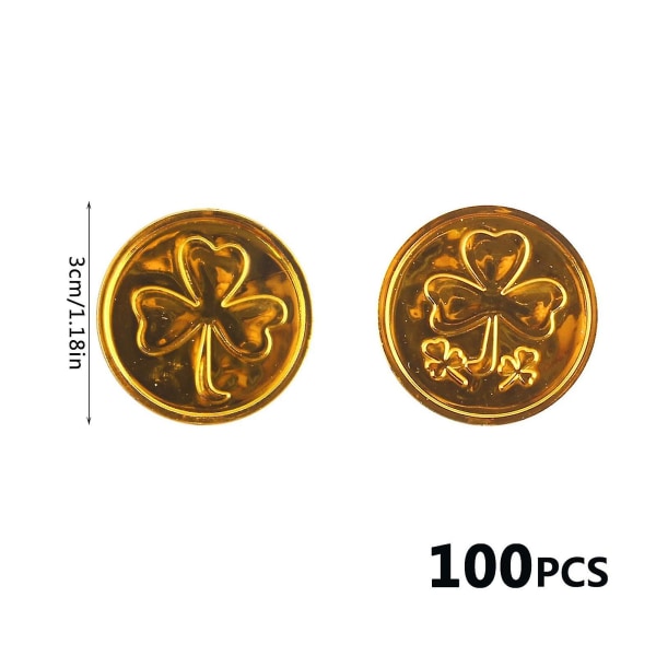 100 kpl St. Patrick's Day Shamrock Coins, Shining Lucky Plastic Coin 4-lehtinen Clover Irish St. Patrick's Day Kolikot Gold