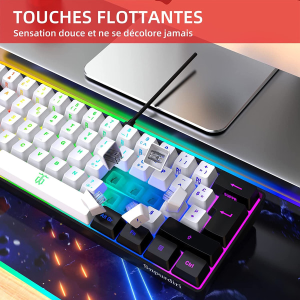 Gaming-tastatur 60 % QWERTY svart/hvitt RGB-bakgrunnsbelyst, 61-tasters spilltastatur