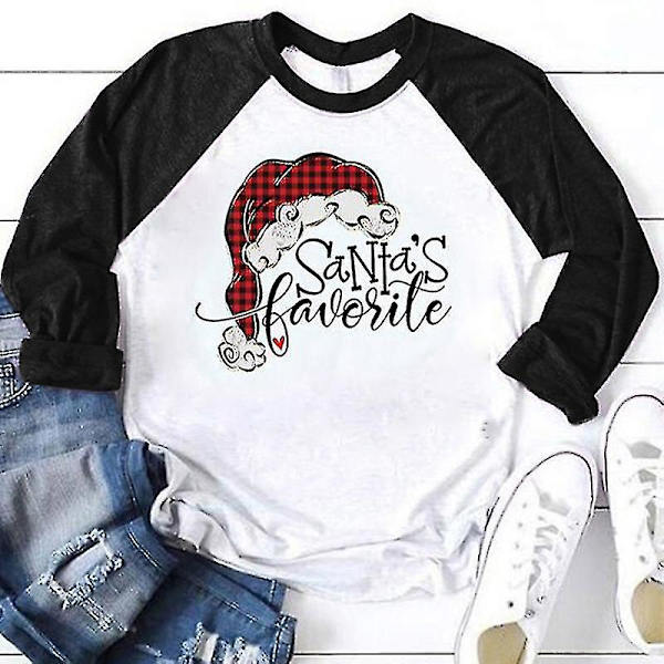 Hhcx-women Christmas Santa Print T-shirt Blouse Basic Top Tee Shirt Black 4XL