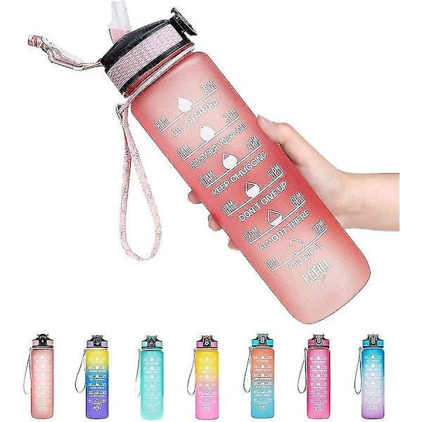 1l Bärbar vattenflaska med stor kapacitet Motiverande dryckesflaska med tidsmarkeringar Bpa Free Sports Gym pink