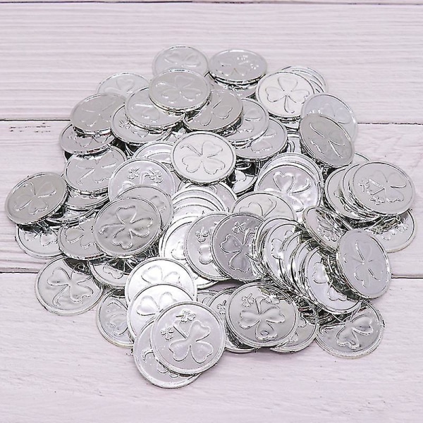 100 kpl St. Patrick's Day Shamrock Coins, Shining Lucky Plastic Coin 4-lehtinen Clover Irish St. Patrick's Day Kolikot Silver