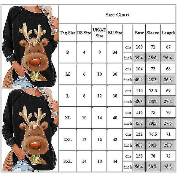 Hhcx-christmas Tunika Dame Langermet T-skjorte Xmas Elk Printed Bluse Topper White XL