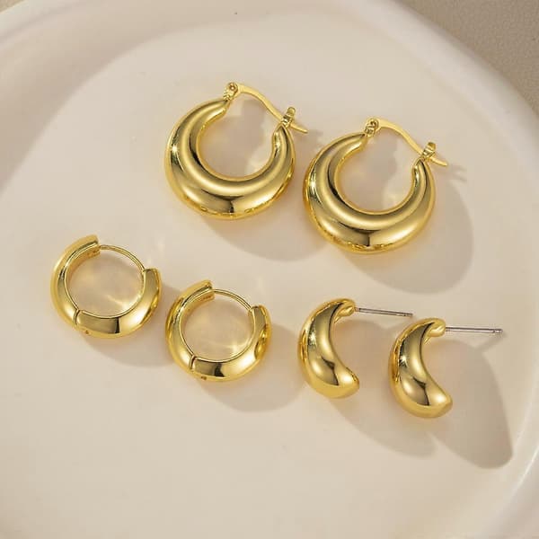 Sæt med tykke guldfarvede ringe til damer - Snoede Huggie Rings øreringe i rustfrit stål silver