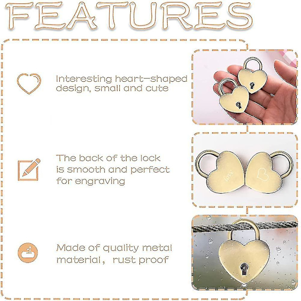 6 Pieces Small Key Lock Mini Heart Shaped Bronze Padlocks With Keys Antique