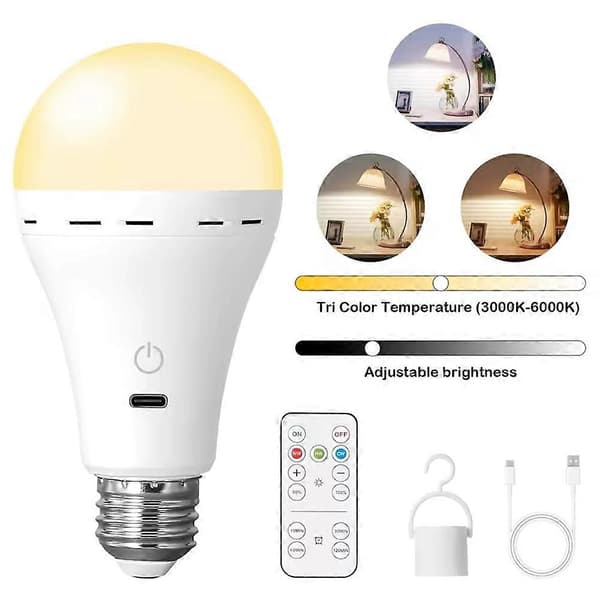 【BQ】LED Rechargeable Light Bulbs with Remote Control E26 Battery Operated Light Bulb Smart 3 Colors Changeable Light Bulb with Hook-FF- 3 Color lamp
