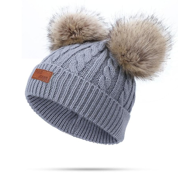 Toddler yllehatt Vinter Dubbel Pom Pom Stickad mössa Cap Grey