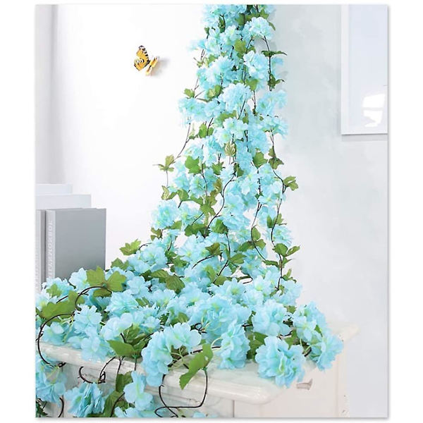 2 Pack Fake Cherry Vine Flowers Plant Keinotekoinen Ivy Riippuva Vihreä Lehti Silkki Seppele Häätaidekori (sininen) Blue