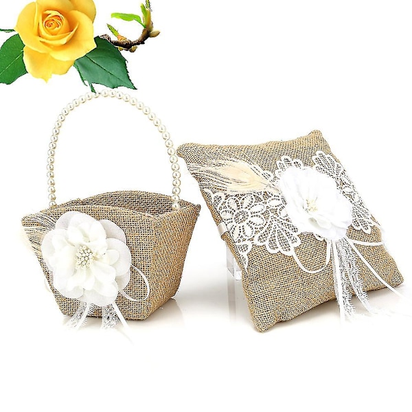 2 stk/sett Bryllup Jute Hessian Flower Ring Pute + Blomsterkurv Bryllupsdekorasjon