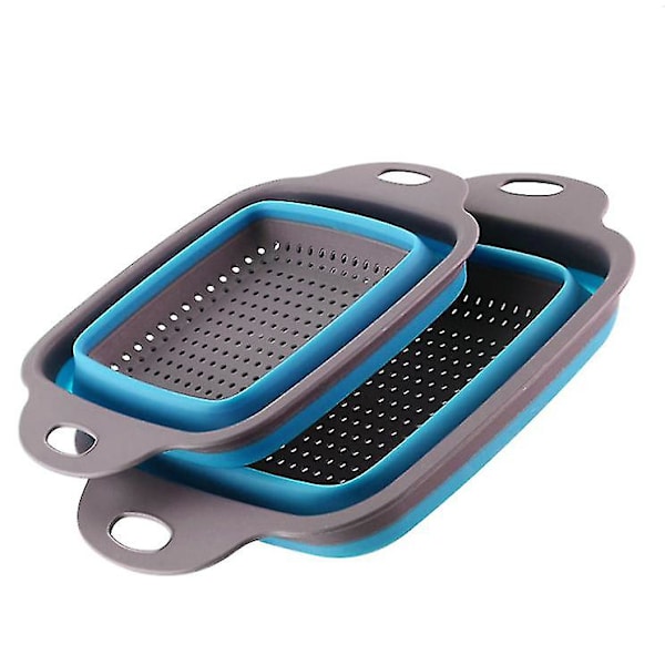 Silikone Foldbar Afløb Vaskekurv Frugt Grøntsag Organizer Opbevaring blue small and big