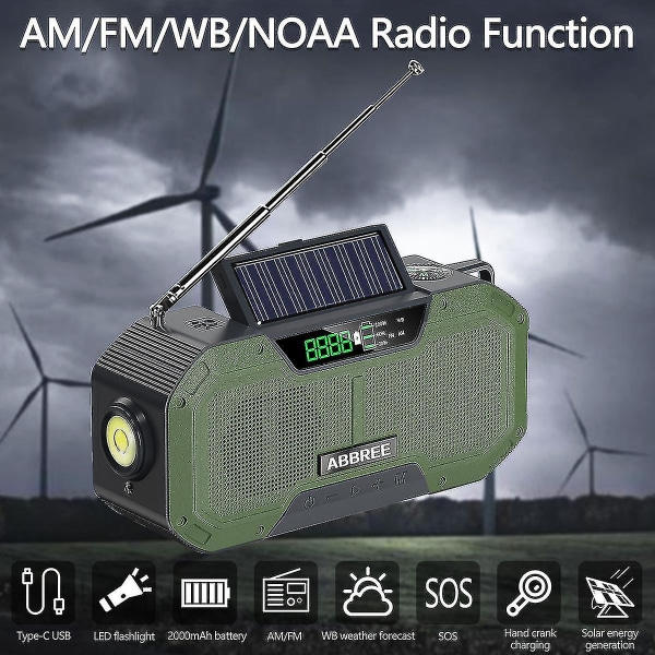 Grønn nødradio 5000mah Solar Håndsveiv Bærbar Am/fm/noaa Sos Radio Med lommelykt og leselampe Mobillader add bag
