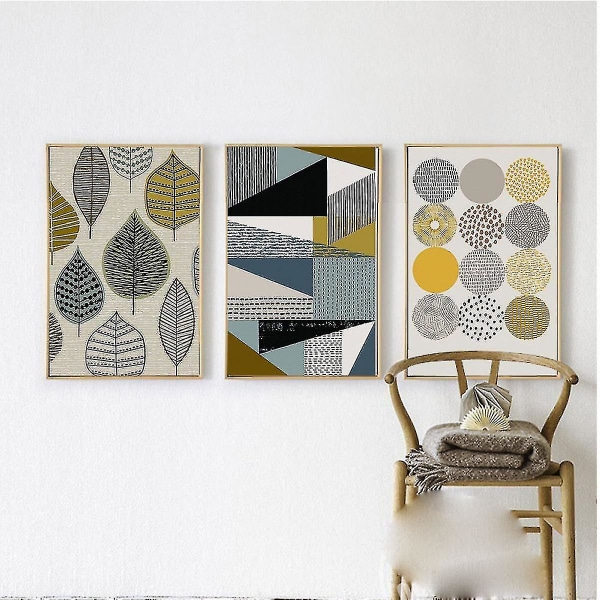 Wekity Leaves And Geometri Väggkonst Canvas Print affisch, enkel abstrakt konstteckningsdekor (set med 3 oinramade, 5'x7')