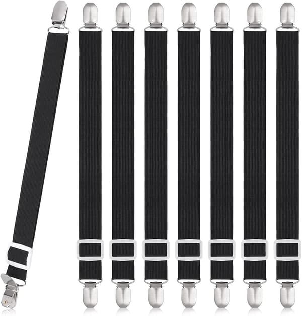 [BQ]8 Pieces Sheet Clips, Adjustable Sheet Holders, High Elastic Fitted Sheet Straps with Clips, Sheet Fasteners Max Stretch 120cm, Sheet Holders Black