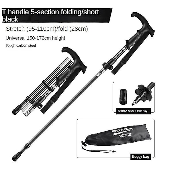 Sammenklappelige vandrestave i aluminium med hurtiglåsesystem, sammenfoldelige, teleskopiske, ultralette til seniorvandring, rygsæk, vandreture T handle Short black