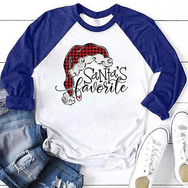 Hhcx-women Christmas Santa Print T-shirt Blouse Basic Top Tee Shirt Blue 3XL