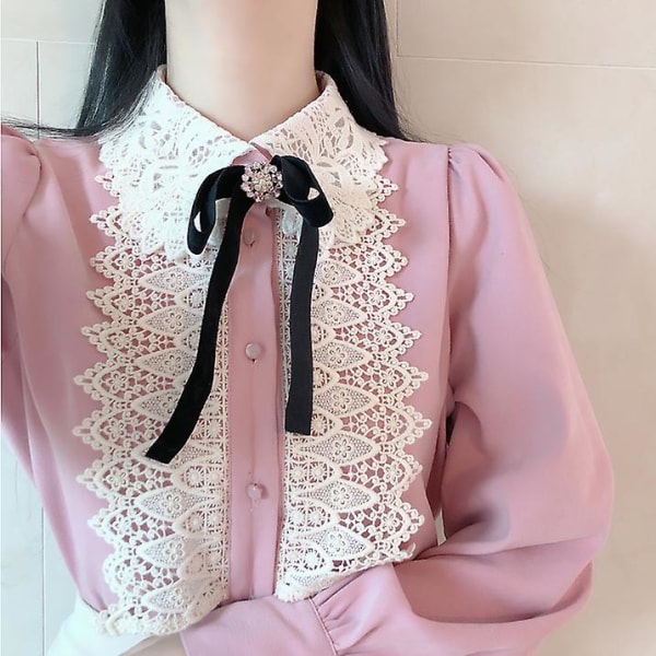 Dame Basic Office Dame Arbejdstøj Sød vintage butterfly top hvid blonder enkeltradet knap ensfarvet hvid pink skjorte bluser pink XL